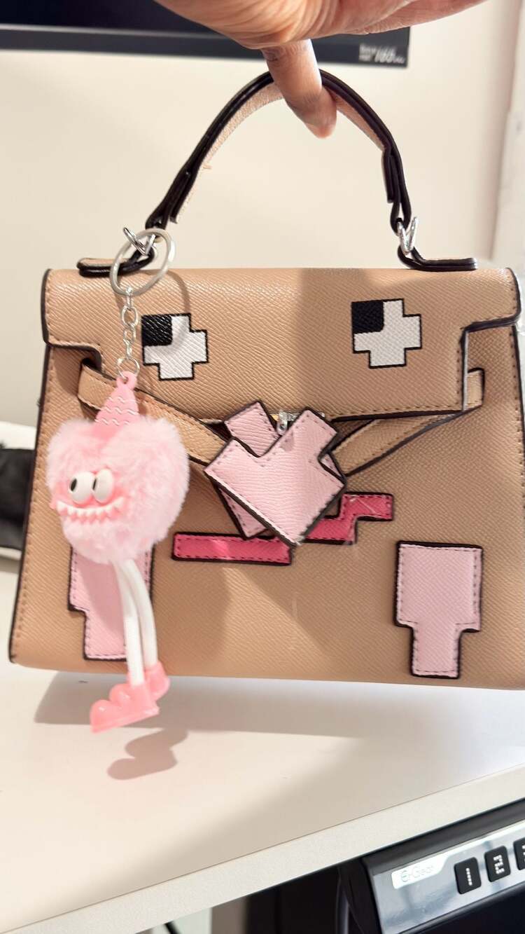 Mosaic Pixel Art Style Mini Top Handle Satchel with Character Keychain
